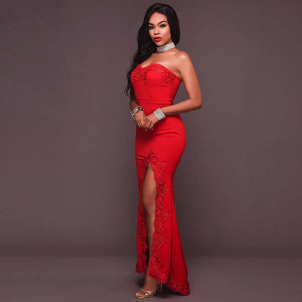EVENING DRESSES/EVENING DRESS/WOMENS EVENING DRESSES/RED STRAPLESS HIGH SLIT LACE MAXI EVENING DRESS