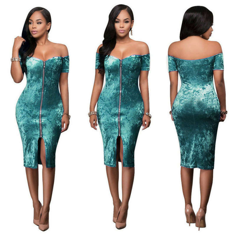 DRESSES/DRESS/MIDI DRESS/BODYCON DRESS/TEAL SNOWFLAKE VELVET OFF SHOULDER ZIPPER FRONT MIDI DRESS