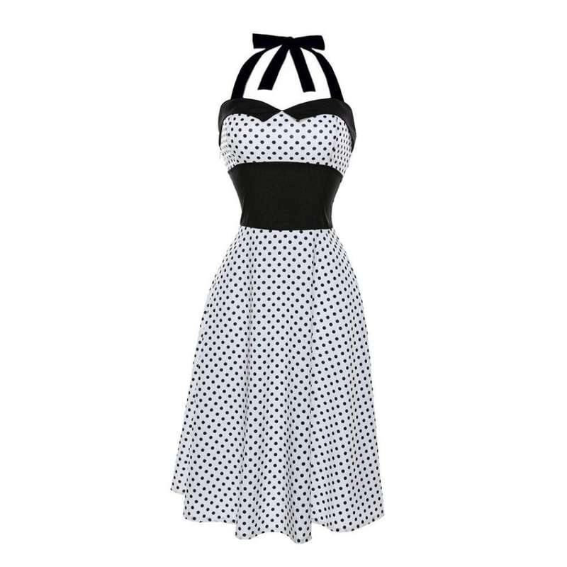 VINTAGE DRESSES/WOMENS SWING DRESS/VINTAGE HALTER NECK SLEEVELESS A-LINE RETRO PRINTED SWING DRESS
