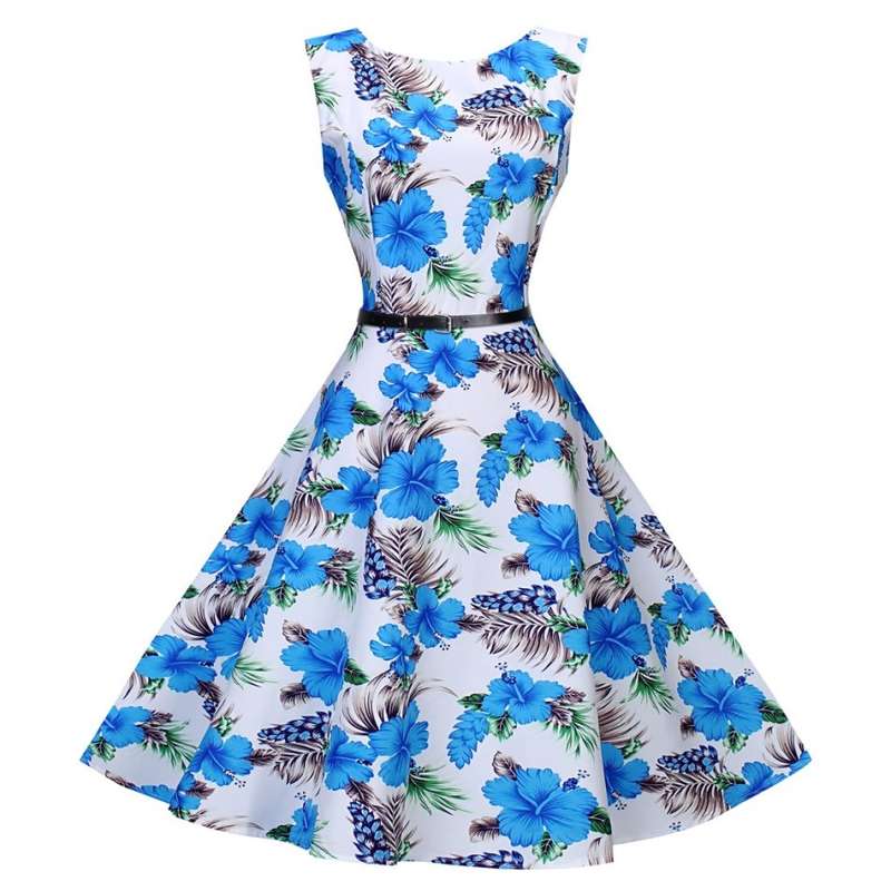Vintage swing summer fit and flare floral blue dresses
