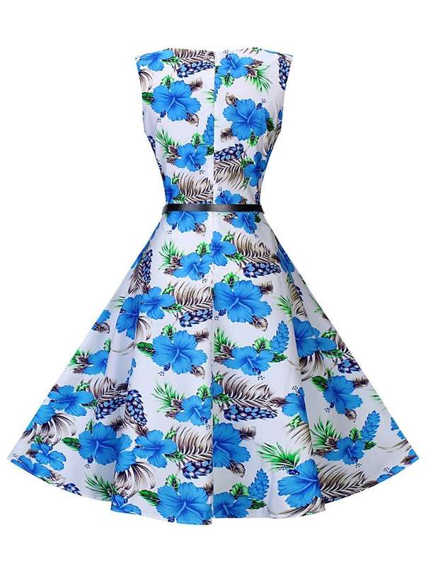 Vintage swing summer fit and flare floral blue dresses