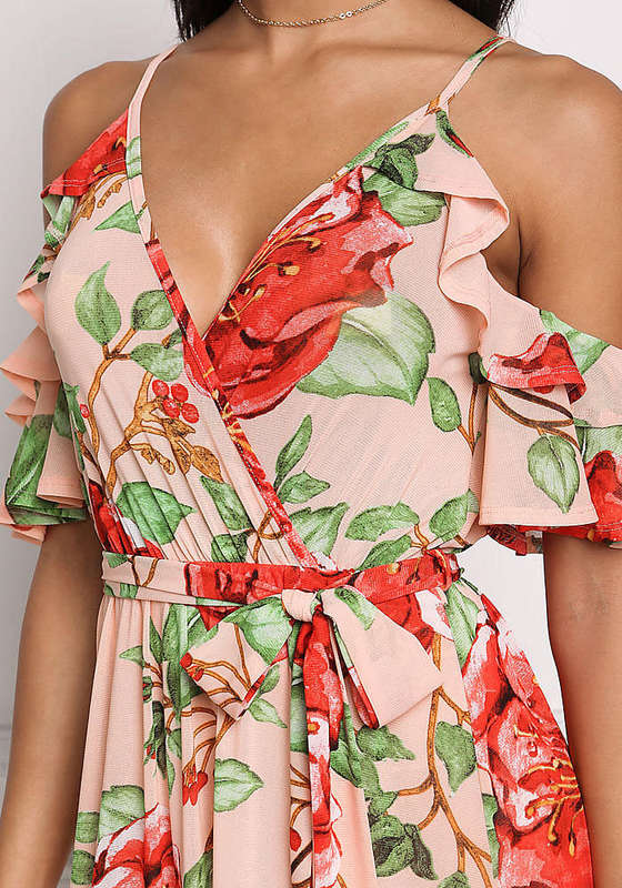 DRESSES/DRESS/MAXI DRESSES/PINK MAXI DRESS/FLORAL MAXI DRESS/RUFFLE DRESS/COLD SHOULDER MAXI DRESS