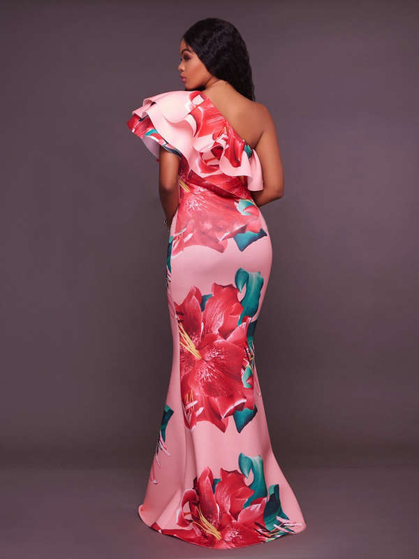 DRESSES/DRESS/WOMENS MAXI DRESS/PINK BOLD FLORAL ONE SHOULDER RUFFLE MAXI DRESS