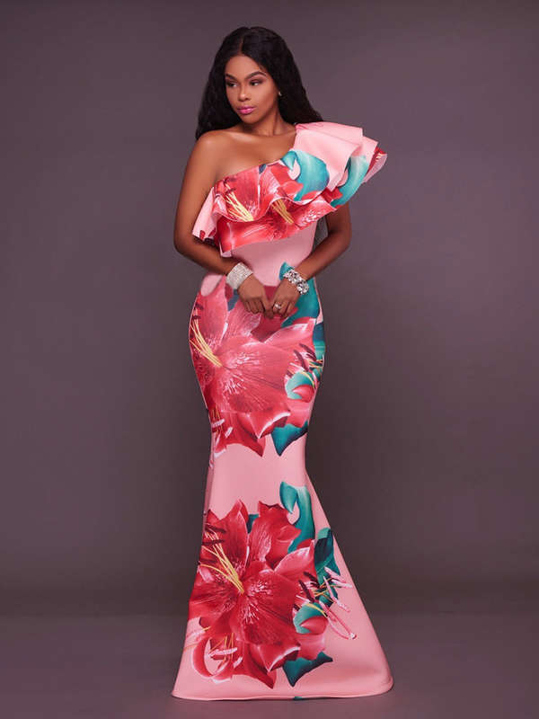DRESSES/DRESS/WOMENS MAXI DRESS/PINK BOLD FLORAL ONE SHOULDER RUFFLE MAXI DRESS