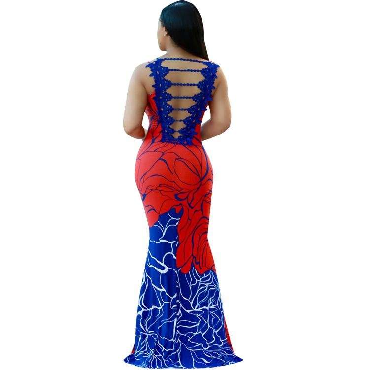 DRESSES/DRESS/MAXI DRESSES/RED BLUE MAXI DRESS/VINTAGE PRINT MAXI DRESS/BACK DECOR MAXI DRESSES