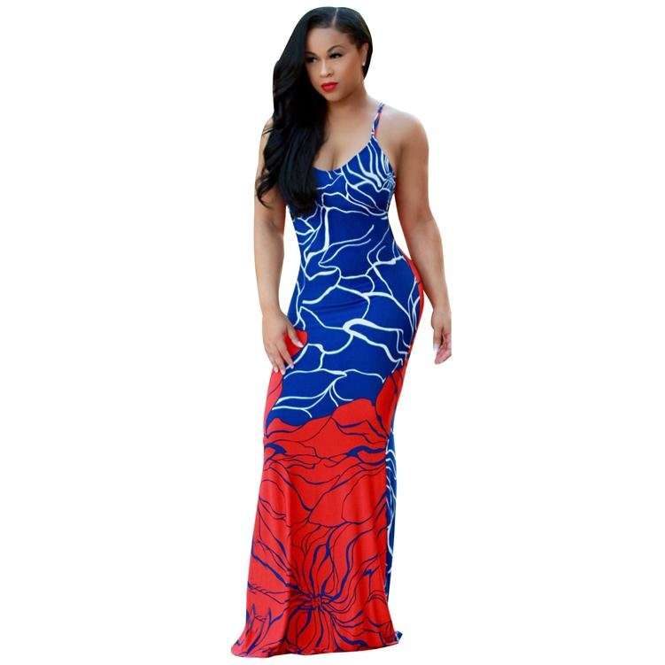 DRESSES/DRESS/MAXI DRESSES/RED BLUE MAXI DRESS/VINTAGE PRINT MAXI DRESS/BACK DECOR MAXI DRESSES