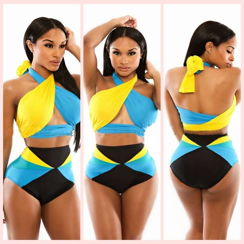 Color Block High Waist Two Piece Wrap Bikini Set