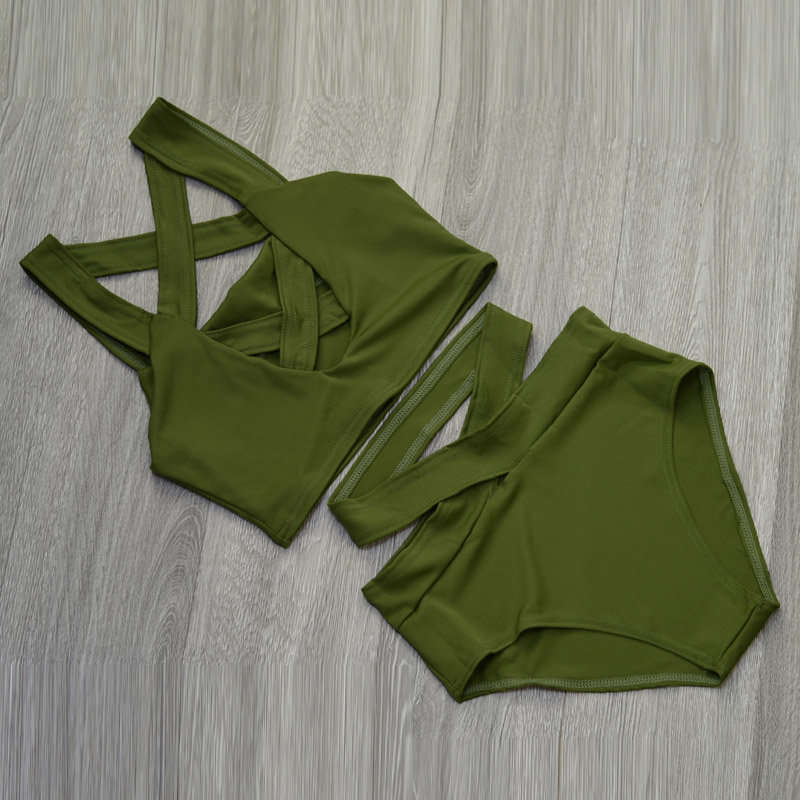 SWIMSUIT/BIKINI SWIMSUIT/HIGH WAIST SWIMSUIT/GREEN HIGH WAIST TWO PIECE CRISSCROSS BIKINI SET
