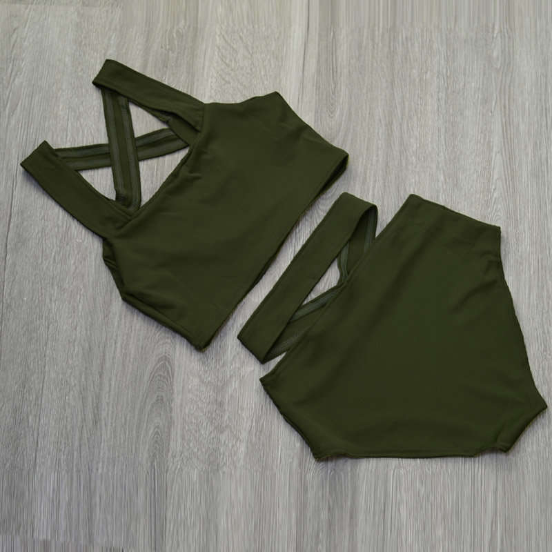 SWIMSUIT/BIKINI SWIMSUIT/HIGH WAIST SWIMSUIT/GREEN HIGH WAIST TWO PIECE CRISSCROSS BIKINI SET