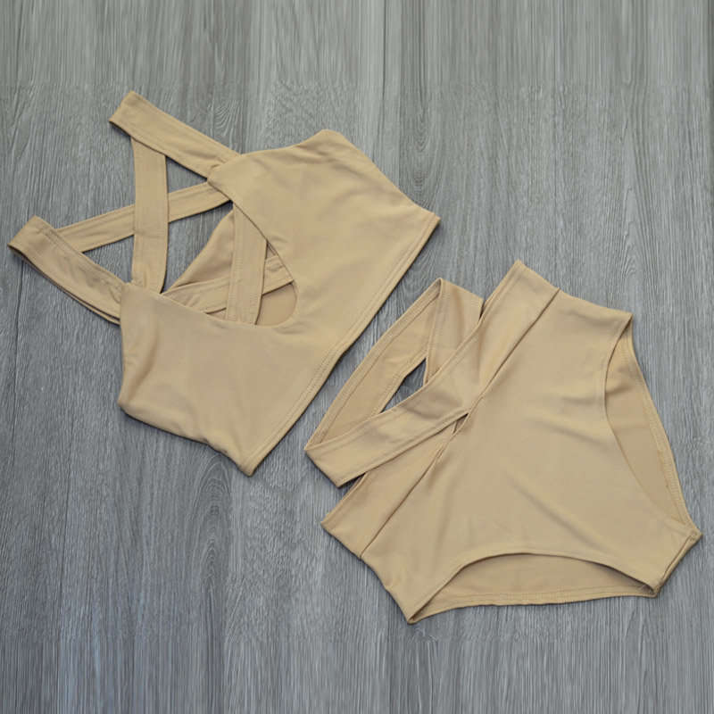 SWIMSUIT/BIKINI SWIMSUIT/HIGH WAIST SWIMSUIT/NUDE HIGH WAIST TWO PIECE CRISSCROSS BIKINI SET