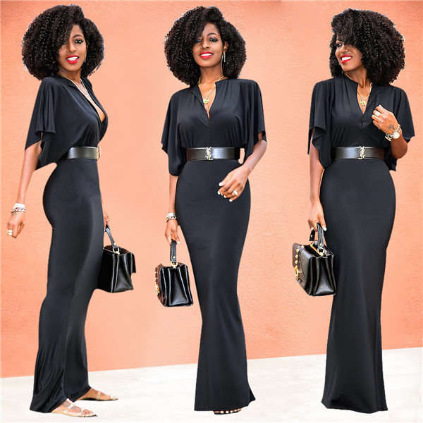 DRESSES/DRESS/MAXI DRESS/ELEGANT BLACK BUTTERFLY SLEEVE MAXI DRESS
