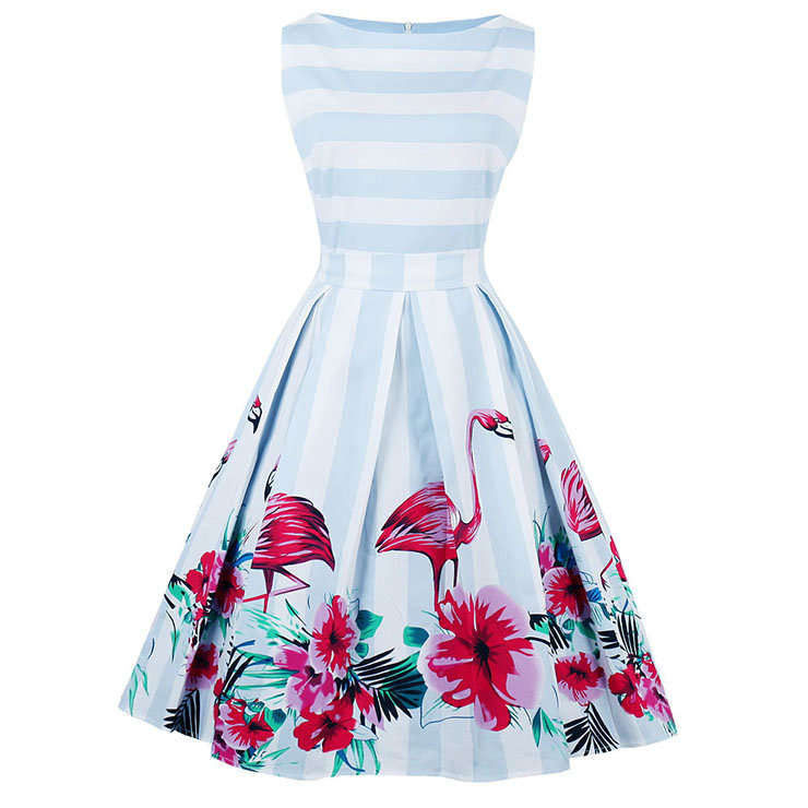 DRESSES/DRESS/WOMENS DRESSES/1950'S VINTAGE BLUE FLAMINGO PRINT SLEEVELESS STRIPED ROCKABILLY DRESS