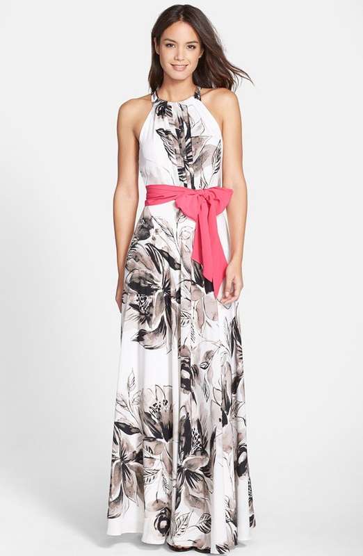 DRESSES/DRESS/SUMMER DRESS/MAXI DRESS/GREY AND WHITE FLORAL PRINT HALTER  MAXI DRESS