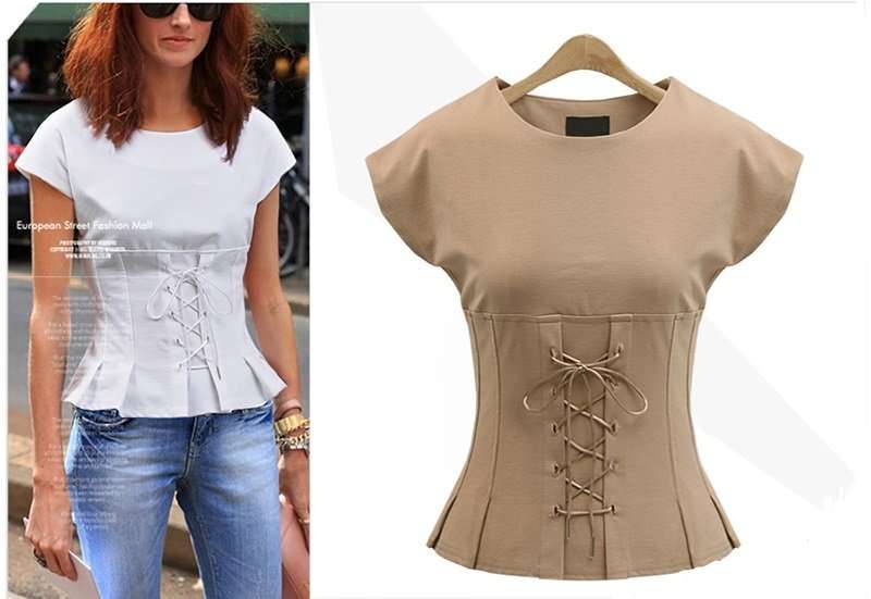 TOPS/TOP/BEIGE TOP/LACE-UP TOP/PEPLUM TOP/BEIGE LACE-UP FRONT PEPLUM TOP