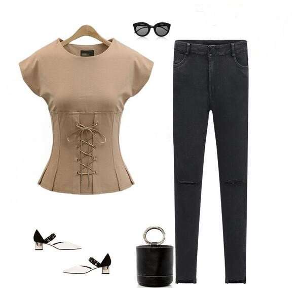 TOPS/TOP/BEIGE TOP/LACE-UP TOP/PEPLUM TOP/BEIGE LACE-UP FRONT PEPLUM TOP