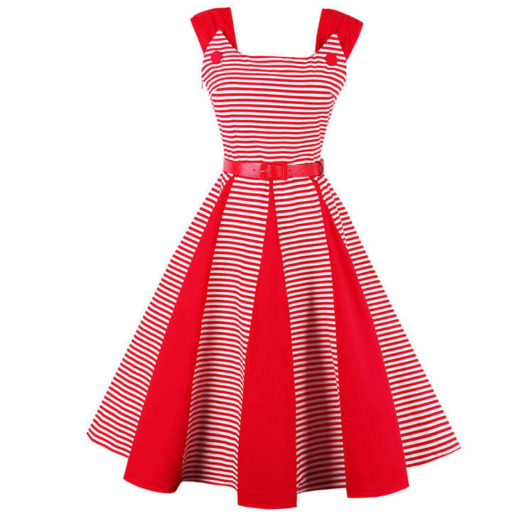 DRESSES/DRESS/ROCKABILLY DRESS/VINTAGE DRESS/VINTAGE RED AND WHITE STRIPED BELTED SWING DRESS