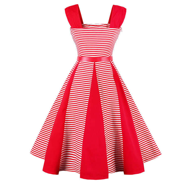DRESSES/DRESS/ROCKABILLY DRESS/VINTAGE DRESS/VINTAGE RED AND WHITE STRIPED BELTED SWING DRESS
