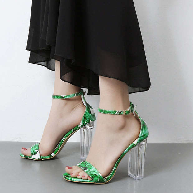 SHOES/WOMEN'S SHOES/SANDAL SHOES/GREEN SANDAL SHOES/PRINT SANDAL SHOES/CHUNKY HEEL SANDALS