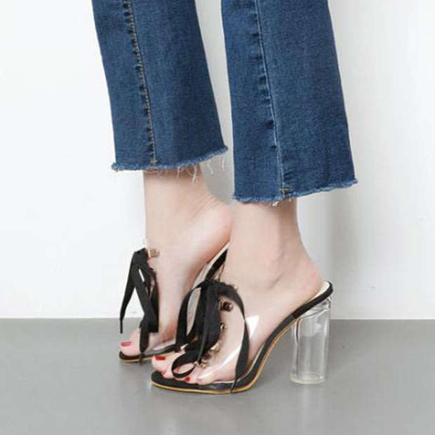 SHOES/WOMEN'S SHOES/SANDAL SHOES/BLACK SANDAL SHOES/CHUNKY CRYSTAL HEEL SANDALS/LACE UP SANDALS
