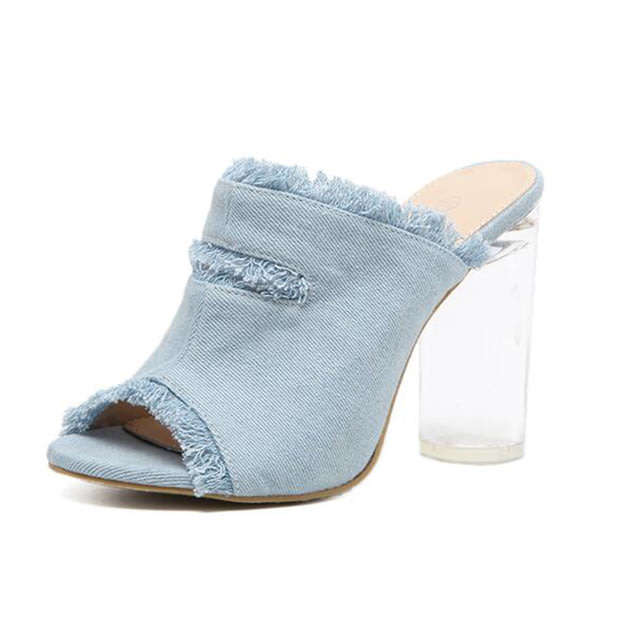 SHOES/WOMEN'S SHOES/SANDAL SHOES/DENIM SANDAL SHOES/CHUNKY CRYSTAL HEEL SANDALS
