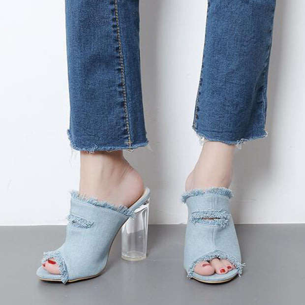 SHOES/WOMEN'S SHOES/SANDAL SHOES/DENIM SANDAL SHOES/CHUNKY CRYSTAL HEEL SANDALS