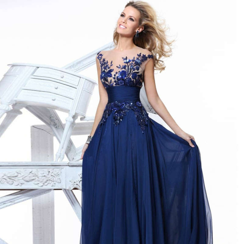 EVENING DRESSES/EVENING DRESS/BLUE EVENING DRESS/CHIFFON EVENING DRESS/LACE APPLIQUE EVENING DRESS