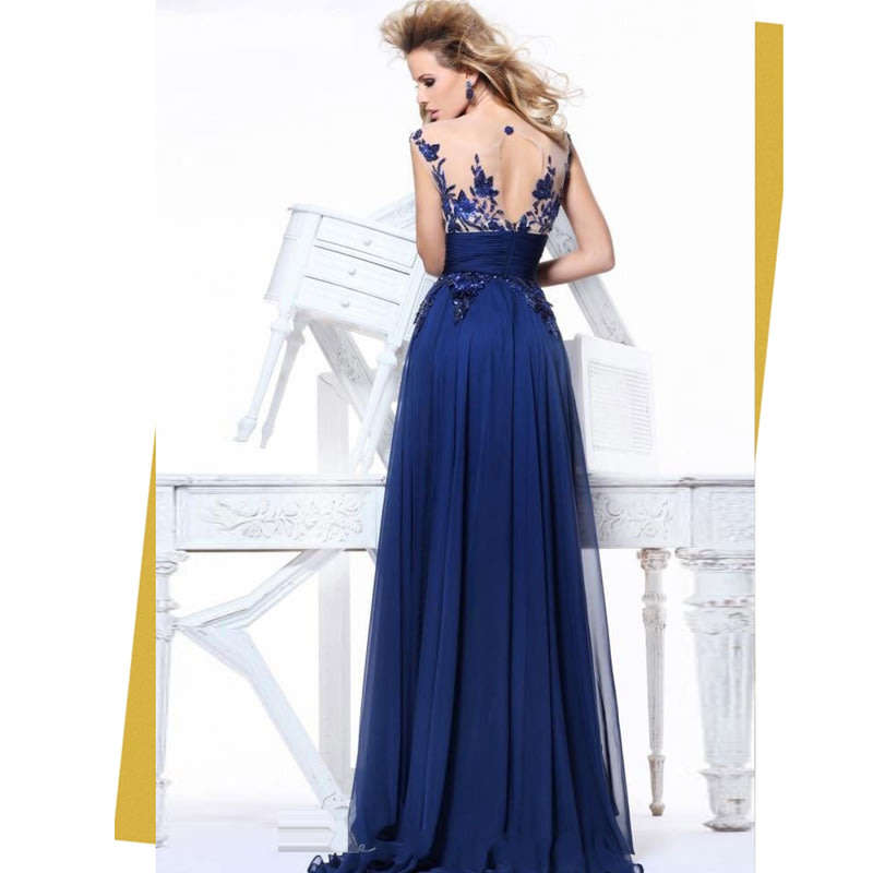 EVENING DRESSES/EVENING DRESS/BLUE EVENING DRESS/CHIFFON EVENING DRESS/LACE APPLIQUE EVENING DRESS
