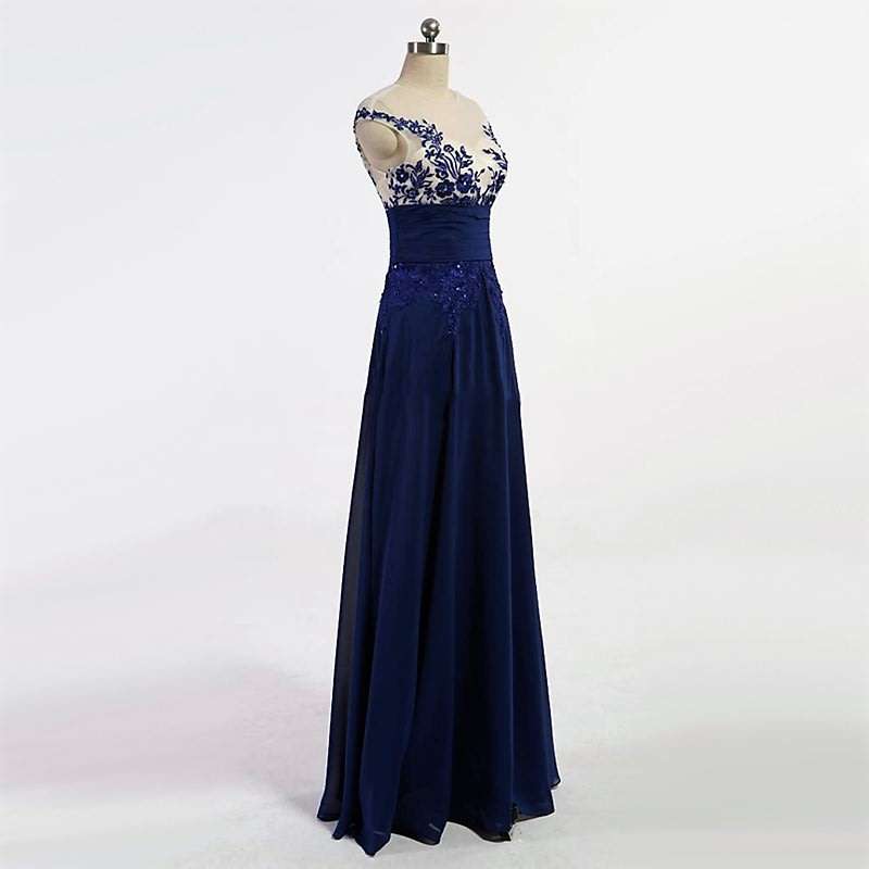 EVENING DRESSES/EVENING DRESS/BLUE EVENING DRESS/CHIFFON EVENING DRESS/LACE APPLIQUE EVENING DRESS