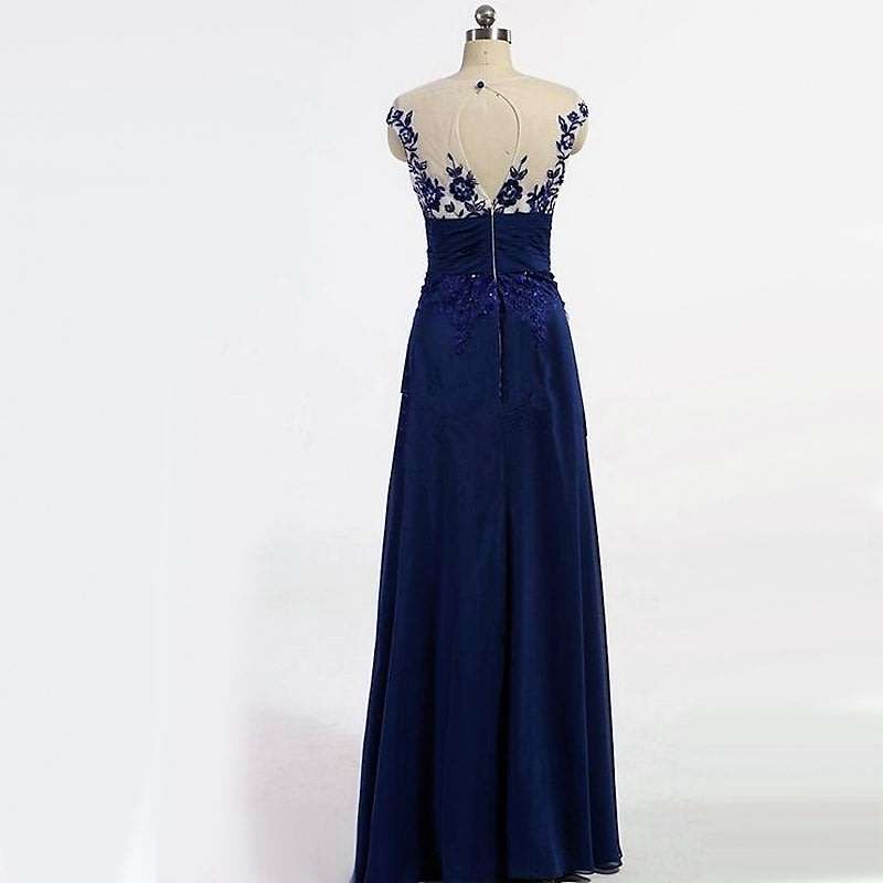 EVENING DRESSES/EVENING DRESS/BLUE EVENING DRESS/CHIFFON EVENING DRESS/LACE APPLIQUE EVENING DRESS