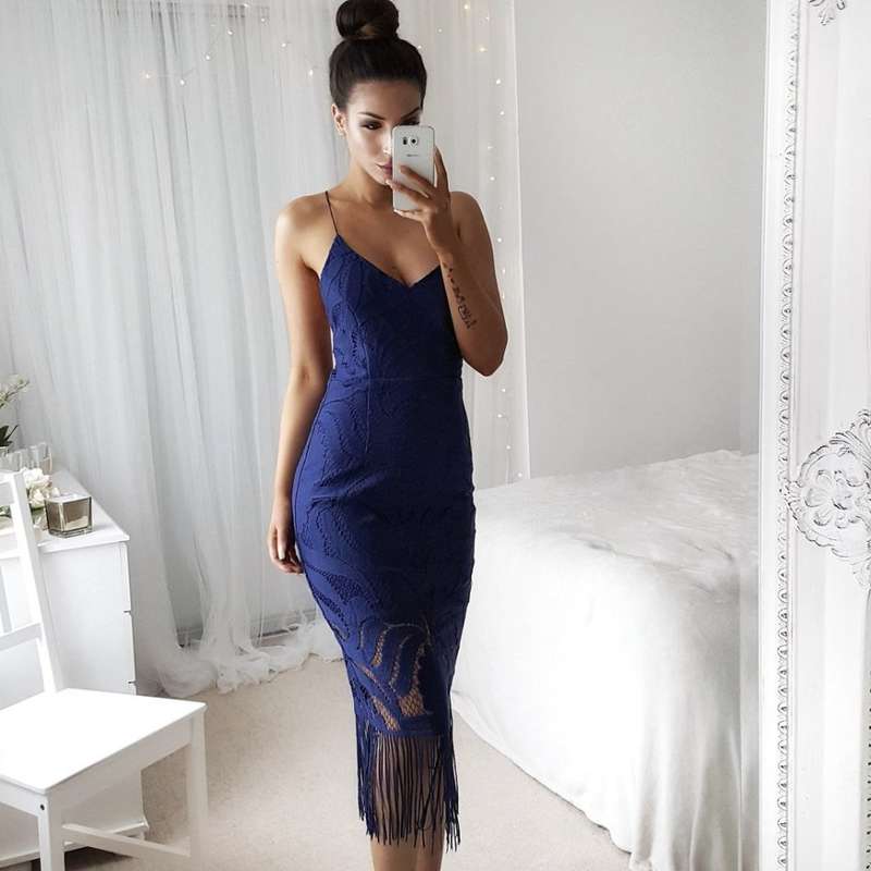DRESSES/DRESS/PARTY DRESS/BLUE DRESS/TASSLE DRESS/BLUE SPAGHETTI STRAP TASSELS FORMAL PARTY DRESS