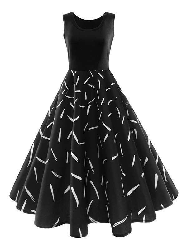 DRESSES/BLACK DRESS/VINTAGE DRESS/1950'S DRESS/A LINE DRESS/PRINT DRESS/SWING DRESS