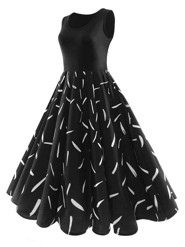 DRESSES/BLACK DRESS/VINTAGE DRESS/1950'S DRESS/A LINE DRESS/PRINT DRESS/SWING DRESS