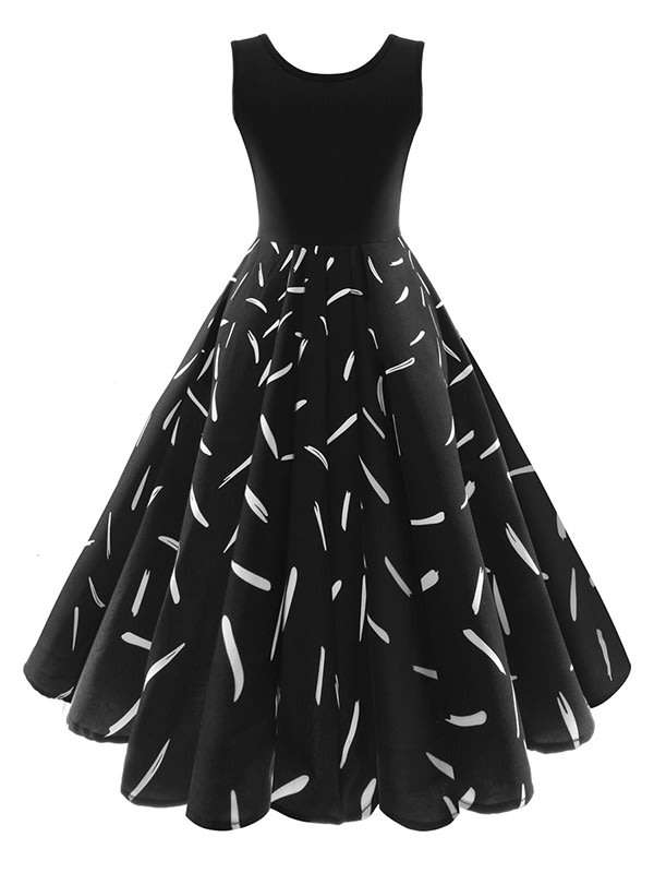 DRESSES/BLACK DRESS/VINTAGE DRESS/1950'S DRESS/A LINE DRESS/PRINT DRESS/SWING DRESS