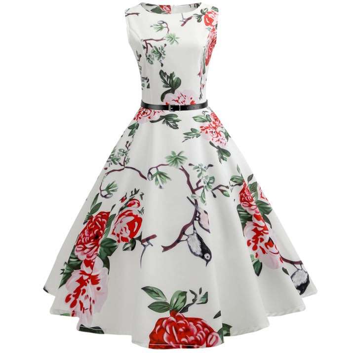 DRESS/VINTAGE DRESS/ROCKABILLY DRESS/SWING DRESS/BELTED DRESS/WHITE VINTAGE BIRD PRINT DRESS