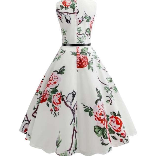 DRESS/VINTAGE DRESS/ROCKABILLY DRESS/SWING DRESS/BELTED DRESS/WHITE VINTAGE BIRD PRINT DRESS