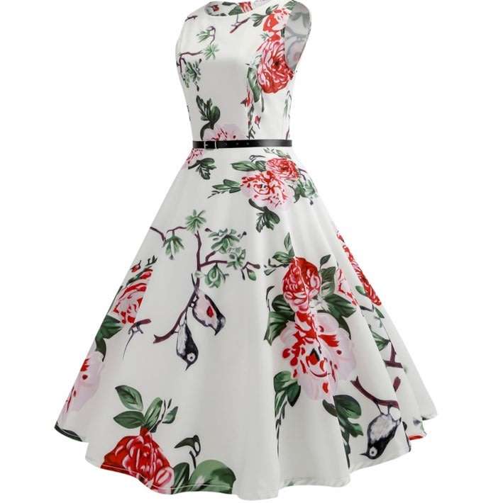 DRESS/VINTAGE DRESS/ROCKABILLY DRESS/SWING DRESS/BELTED DRESS/WHITE VINTAGE BIRD PRINT DRESS