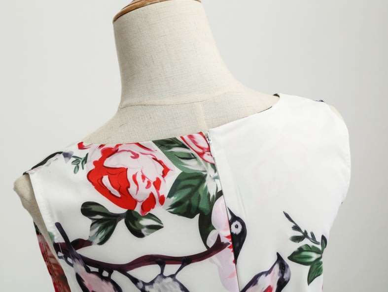 DRESS/VINTAGE DRESS/ROCKABILLY DRESS/SWING DRESS/BELTED DRESS/WHITE VINTAGE BIRD PRINT DRESS
