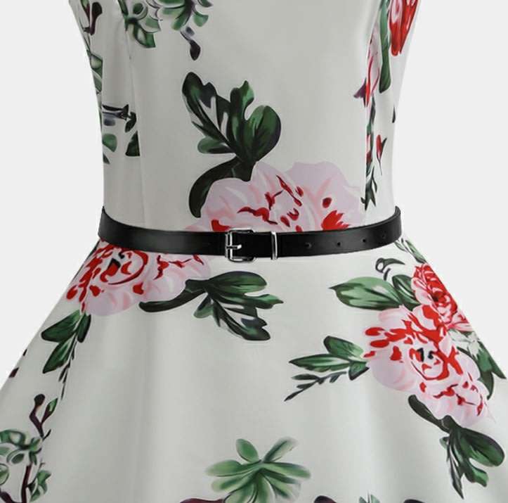 DRESS/VINTAGE DRESS/ROCKABILLY DRESS/SWING DRESS/BELTED DRESS/WHITE VINTAGE BIRD PRINT DRESS