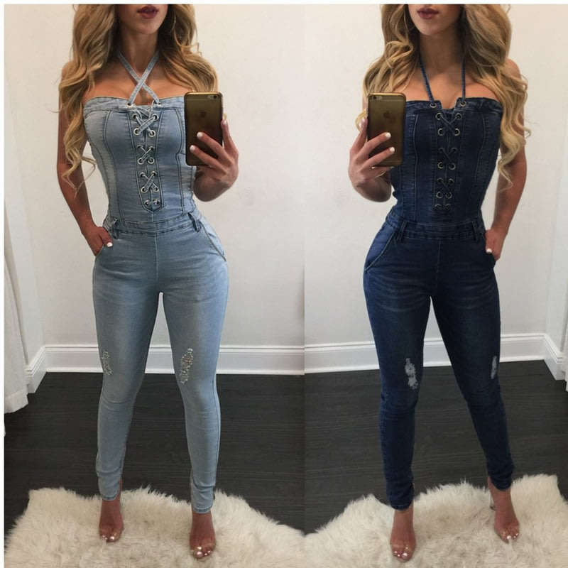 JUMPSUITS/JUMPSUIT/DENIM JUMPSUITS/SLEEVELESS JUMPSUITS/LACE UP JUMPSUITS/HALTER JUMPSUITS