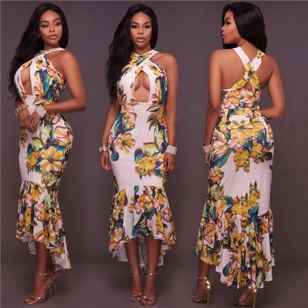 DRESSES/DRESS/BODYCON DRESS/WHITE DRESS/PRINT DRESS/KEYHOLE DRESS/HI-LOW DRESS/FLORAL MAXI DRESS