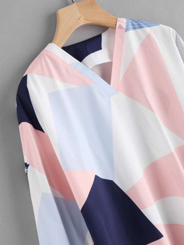 TOPS/WOMENS BLOUSE/LONG BLOUSE/PINK BLUE BLOUSE/COLOR BLOCK BLOUSE/CASUAL BLOUSE/PRINTED BLOUSE