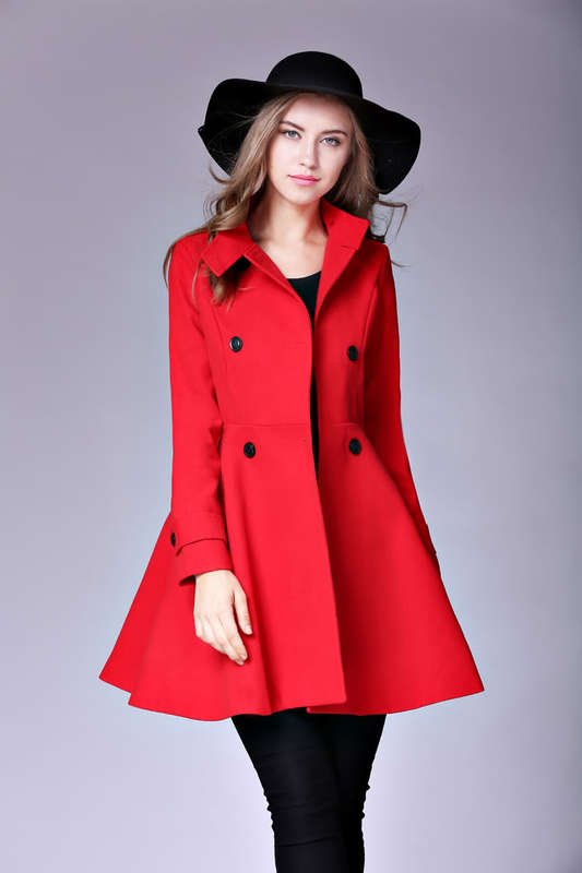 COATS/COAT/WOOLEN COAT/RED COAT/LONG SLEEVE COAT/HIGH NECK COAT/SKIRT COAT/DOUBLE BREASTED COAT