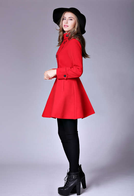 COATS/COAT/WOOLEN COAT/RED COAT/LONG SLEEVE COAT/HIGH NECK COAT/SKIRT COAT/DOUBLE BREASTED COAT
