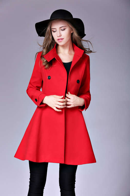 COATS/COAT/WOOLEN COAT/RED COAT/LONG SLEEVE COAT/HIGH NECK COAT/SKIRT COAT/DOUBLE BREASTED COAT