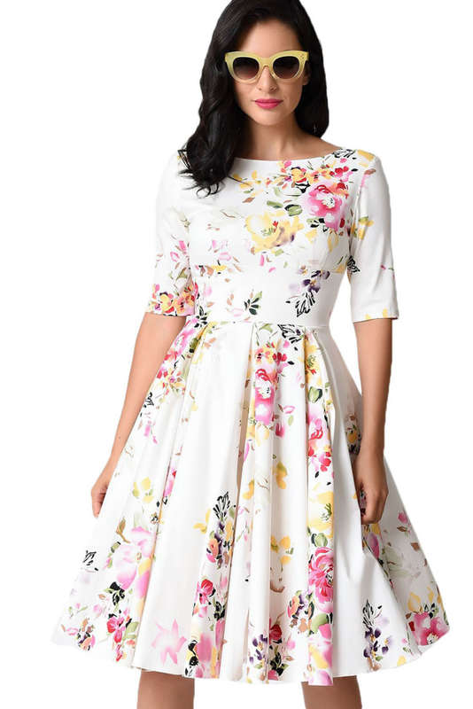 White Swing Floral Printed Vintage Dresses