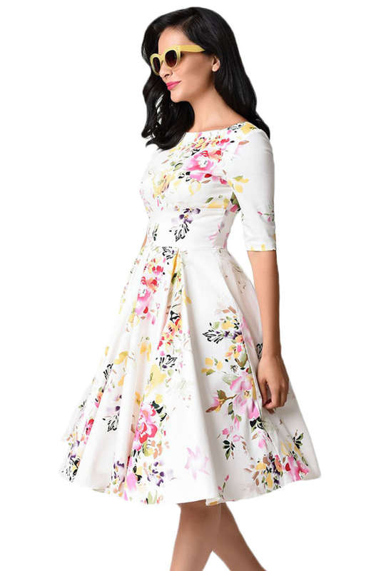White Swing Floral Printed Vintage Dresses