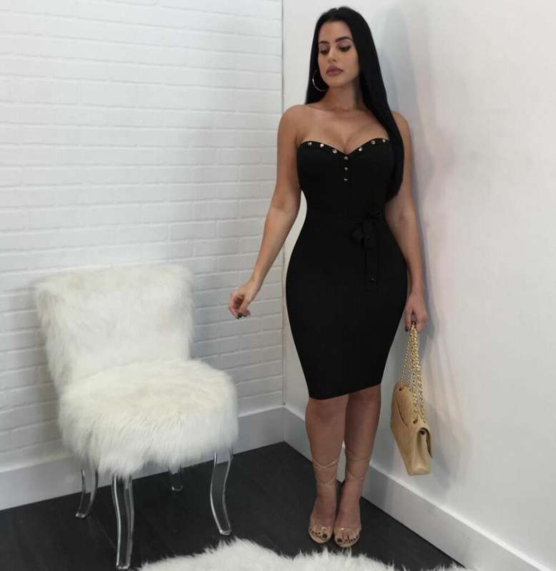 DRESSES/DRESS/BODYCON DRESS/BLACK DRESS/BANDEAU DRESS/COCKTAIL DRESS/RIVET DECOR DRESS/MIDI DRESS