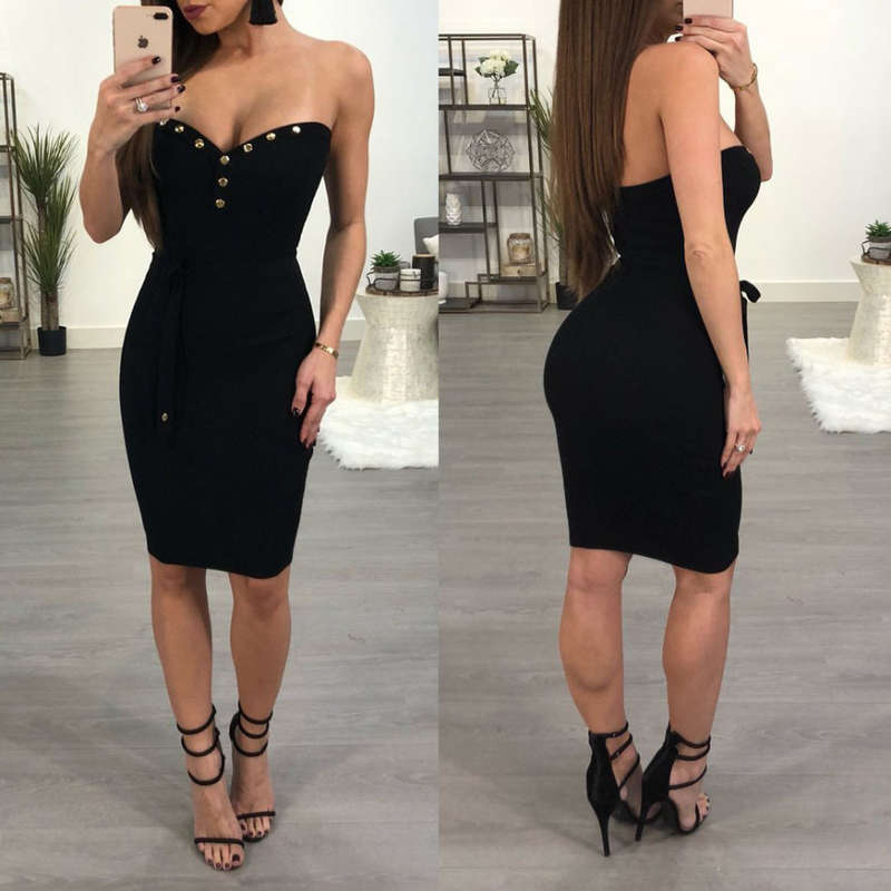 DRESSES/DRESS/BODYCON DRESS/BLACK DRESS/BANDEAU DRESS/COCKTAIL DRESS/RIVET DECOR DRESS/MIDI DRESS