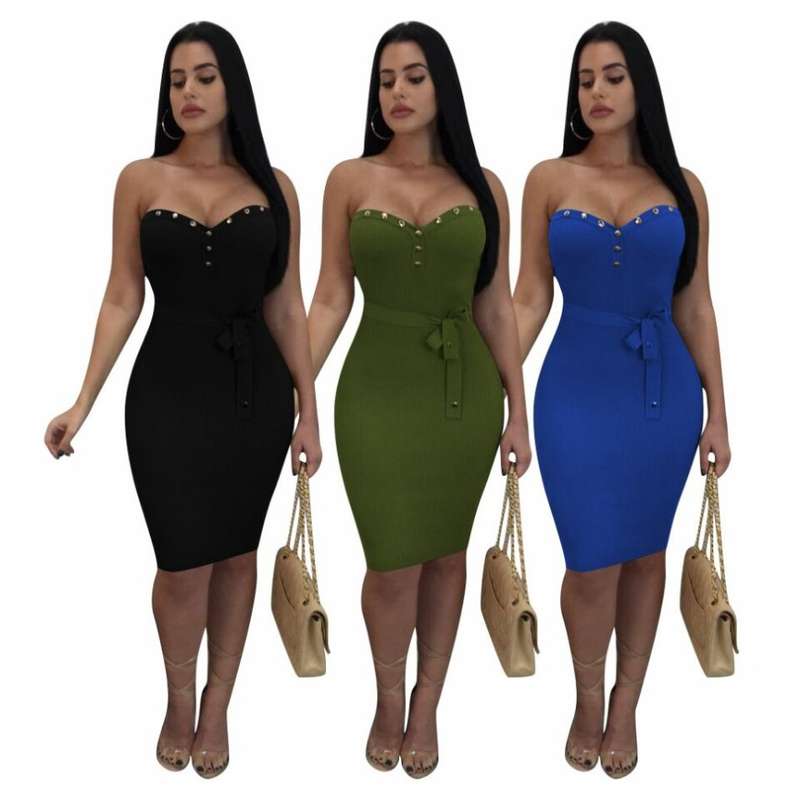 DRESSES/DRESS/BODYCON DRESS/BLACK DRESS/BANDEAU DRESS/COCKTAIL DRESS/RIVET DECOR DRESS/MIDI DRESS