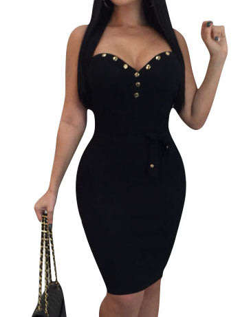 DRESSES/DRESS/BODYCON DRESS/BLACK DRESS/BANDEAU DRESS/COCKTAIL DRESS/RIVET DECOR DRESS/MIDI DRESS